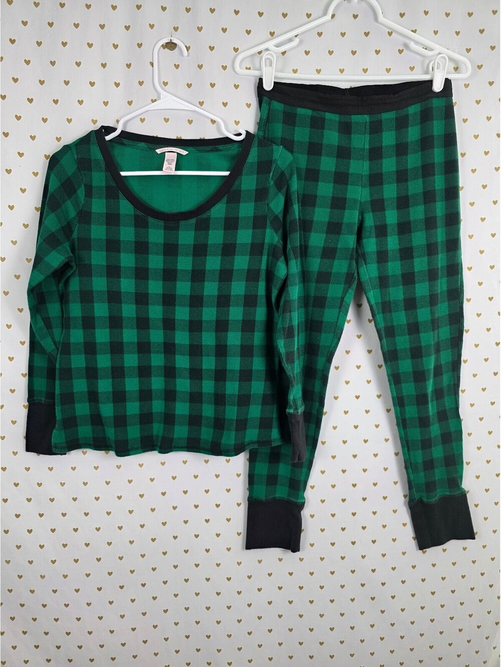 Victorias Secret Green Plaid Thermal Sleep Set Long Sleeve Shirt Pants Medium